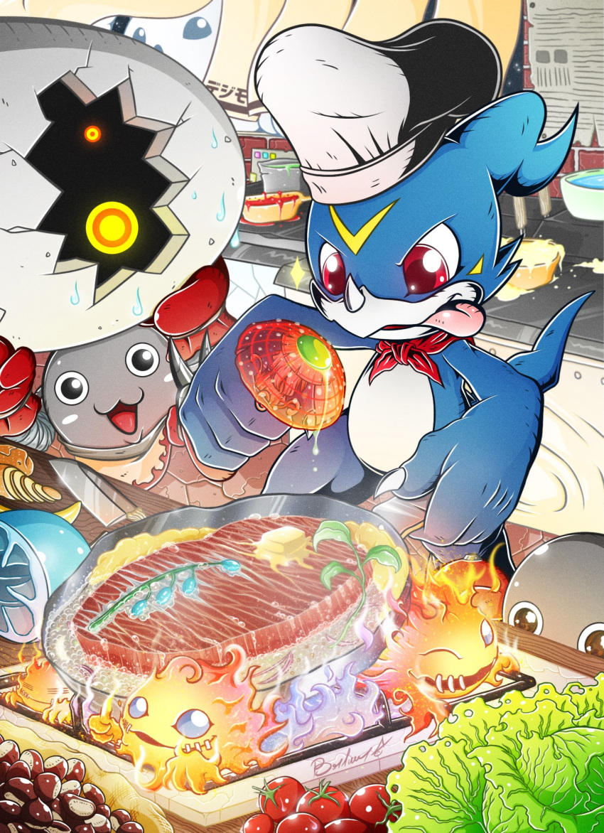 barlume_(barlzar) blue_eyes chef_hat cooking digimon digimon_(creature) digitamamon egg fire food frying_pan hat highres holding holding_frying_pan holding_mushroom indoors lettuce mamemon mushroom no_humans one_eye_closed open_mouth petimeramon red_eyes steak tail tomato tongue tongue_out v-mon yukidarumon