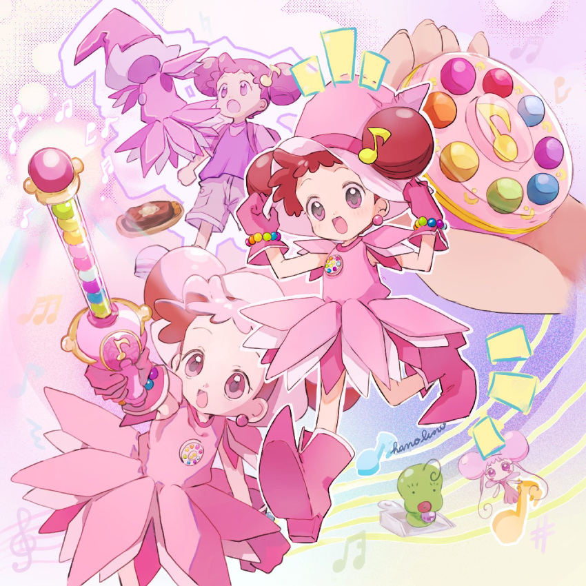 1girl :d arm_up artist_name commentary_request compact_(cosmetics) dodo_(ojamajo_doremi) double_bun dress earrings fairy full_body gloves grey_shorts hair_bun hair_ornament hamburger_steak hand_on_headwear hands_up hano_luno harukaze_doremi hat highres holding holding_compact holding_wand jewelry magical_girl majorika multiple_views musical_note musical_note_hair_ornament ojamajo_doremi open_mouth pink_dress pink_eyes pink_footwear pink_gloves pink_headwear plate pointy_footwear purple_shirt red_hair shirt short_hair short_sleeves shorts smile standing t-shirt wand witch_hat