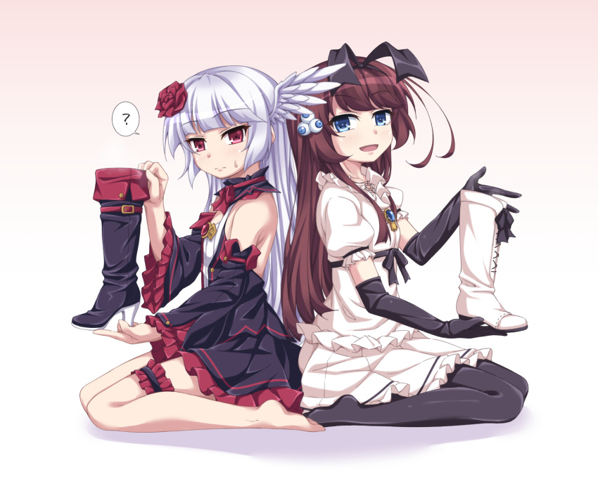 2girls :d ? back-to-back barefoot black_dress black_gloves black_hairband black_pantyhose blue_brooch blue_eyes boots bow bowtie bridal_garter brown_hair closed_mouth commentary_request detached_sleeves dress elbow_gloves eyeball_hair_ornament flower from_side full_body gloves gothic_lolita gradient_background hair_flower hair_ornament hairband head_wings highres holding holding_boots holding_clothes holding_footwear knee_boots kneeling kyuutou_(kyuutouryuu) light_blush lolita_fashion long_hair looking_at_viewer looking_to_the_side multiple_girls no_shoes open_mouth original pantyhose presenting puffy_short_sleeves puffy_sleeves rain_toushulkuru_(kyuutou) red_bow red_bowtie red_brooch red_eyes rose short_sleeves silk_lluyer_(kyuutou) simple_background single_head_wing sitting smile spider_ornament spider_web_pattern spoken_question_mark steam unworn_boots very_long_hair wariza white_background white_dress white_hair wings