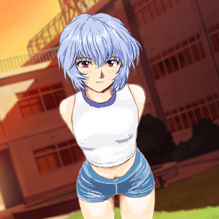 1girl ayanami_rei bare_shoulders blue_hair blue_shorts building bush closed_mouth covered_nipples gradient_sky grass hair_between_eyes highres legs_apart light_blue_hair looking_at_viewer mizumori_keiichi multicolored_sky neon_genesis_evangelion orange_sky red_eyes shirt short_hair short_shorts shorts sky sleeveless sleeveless_shirt solo standing twilight white_shirt yellow_sky