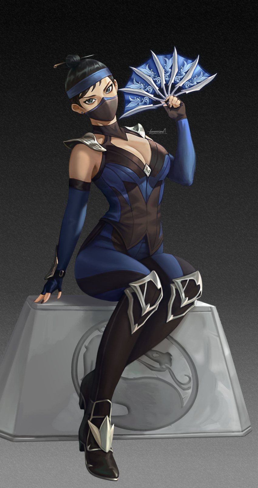 1girl absurdres armor black_footwear black_hair blue_eyes blue_gloves blue_pants boots breasts cleavage earrings english_commentary fingerless_gloves full_body gloves hair_bun hand_fan highres holding holding_fan holding_weapon jewelry kitana knee_boots logo lonwa_a mask mortal_kombat_(series) mortal_kombat_11 mouth_mask ninja ninja_mask pants pauldrons shirt shoulder_armor signature single_hair_bun sitting sleeveless sleeveless_shirt solo weapon