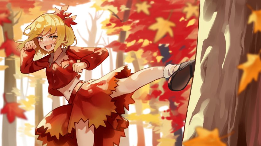 1girl absurdres ailu_elf aki_shizuha blonde_hair brown_footwear buttons collared_shirt foot_out_of_frame hair_ornament highres leaf leaf_hair_ornament long_sleeves maple_leaf navel open_mouth red_shirt red_skirt shirt shoes short_hair skirt smile solo touhou tree yellow_eyes