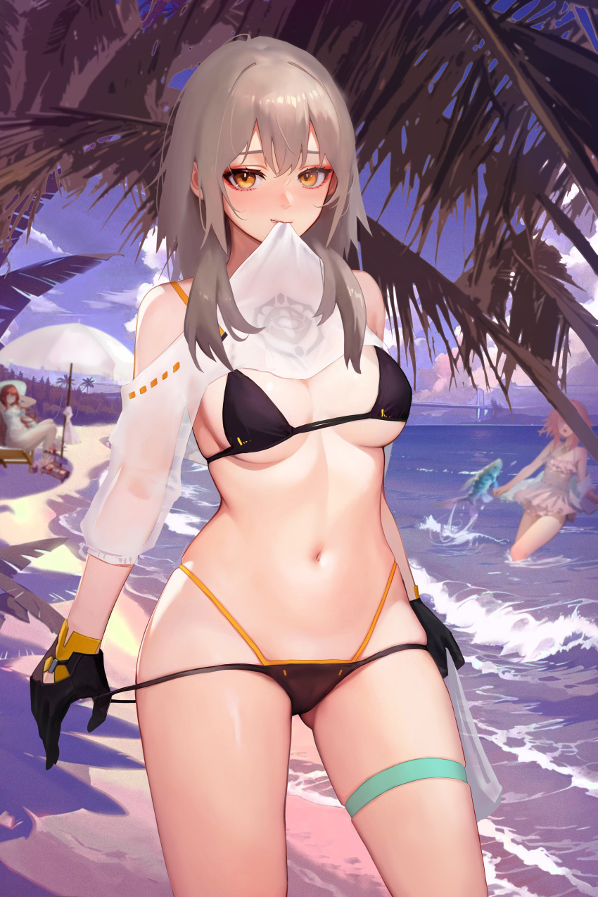 3girls absurdres beach bikini bikini_pull black_bikini black_gloves breasts brown_hair c1718259 character_request clothes_pull cloud day fish gloves highres honkai:_star_rail honkai_(series) layered_bikini long_hair looking_at_viewer medium_breasts mouth_hold multiple_girls navel outdoors pulled_by_self see-through solo_focus standing stelle_(honkai:_star_rail) swimsuit thigh_strap trailblazer_(honkai:_star_rail) water yellow_eyes