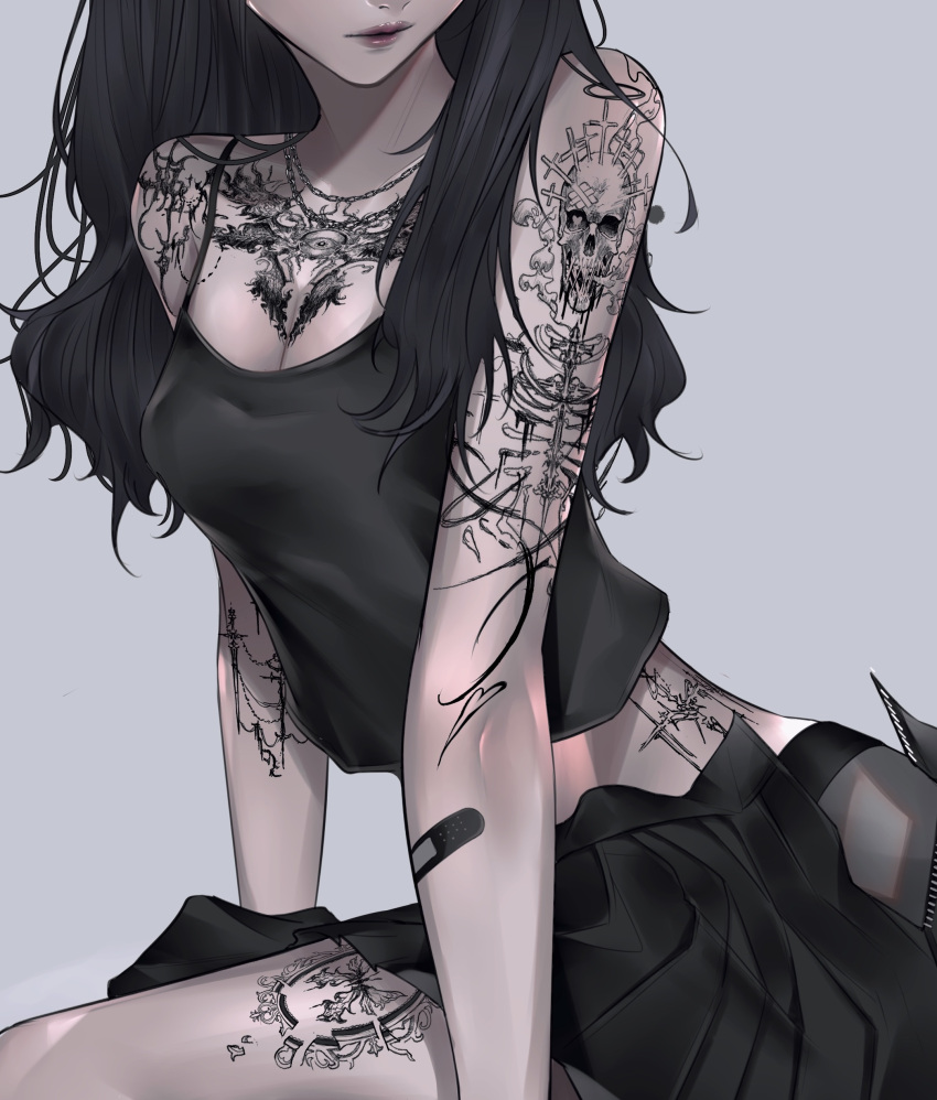 1girl absurdres arm_tattoo bandaid bandaid_on_arm black_camisole black_hair black_skirt breasts camisole chest_tattoo cleavage crop_top grey_background head_out_of_frame highres hip_tattoo leg_tattoo long_hair mano_aaa medium_breasts midriff open_clothes open_skirt original parted_lips pleated_skirt simple_background skirt tattoo