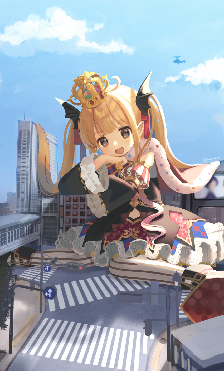 1girl absurdres aircraft bat_wings black_eyes blonde_hair blue_sky building cape city cloud crosswalk crown day demon_girl detached_sleeves dress fang futaba_anzu giant giantess head_rest head_wings helicopter highres idolmaster idolmaster_cinderella_girls long_hair meisa open_mouth outdoors pantyhose pointy_ears puffy_detached_sleeves puffy_sleeves sitting skin_fang sky smile solo striped striped_pantyhose twintails vertical-striped_pantyhose vertical_stripes very_long_hair wings