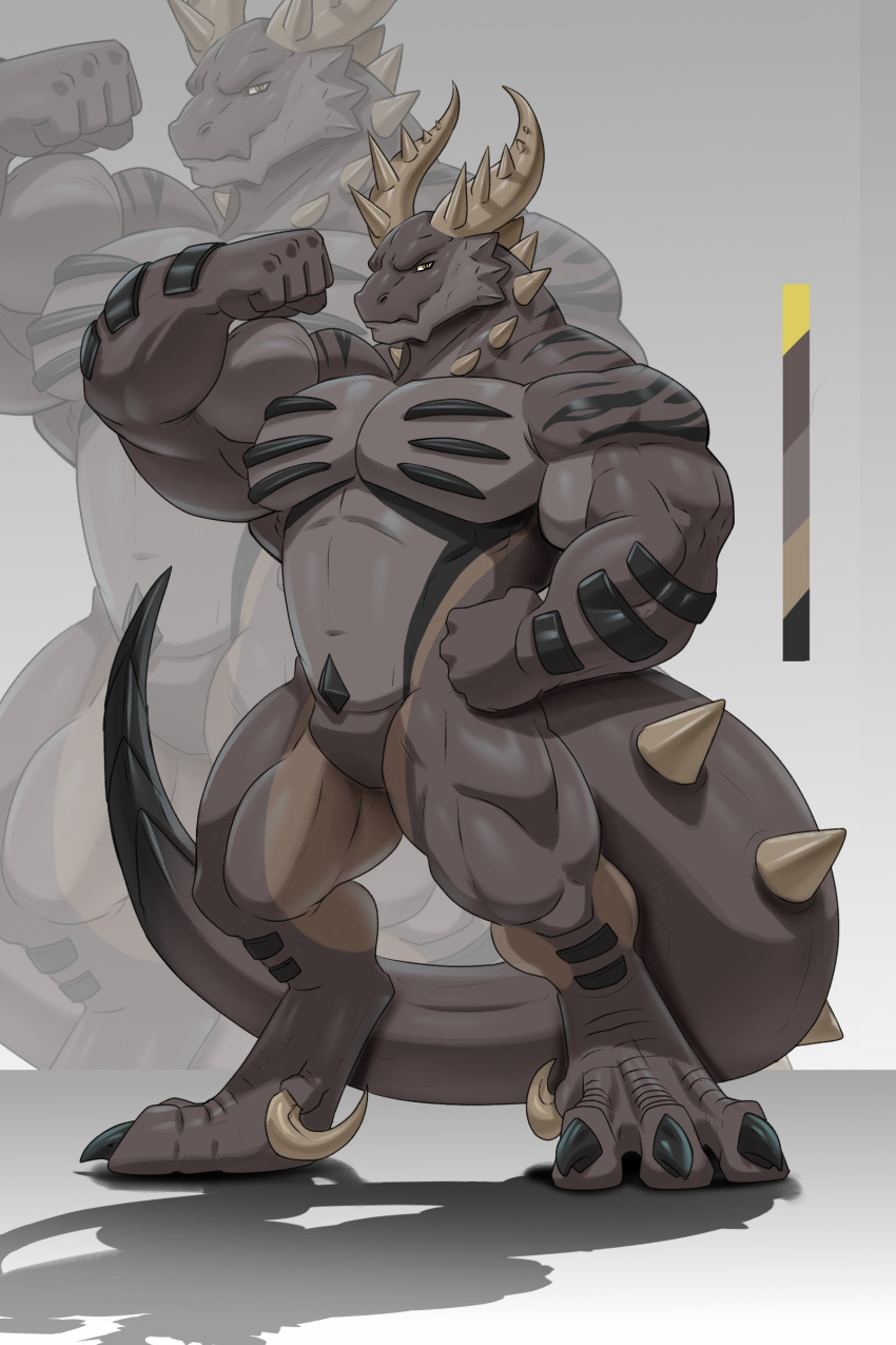 2:3 abs absurd_res anthro biceps big_biceps biped black_tail_tip brown_body brown_skin claws curved_claws dragon featureless_crotch flexing flexing_bicep flexing_biceps flexing_muscles full-length_portrait hi_res horn looking_at_viewer male markings musclegut muscular muscular_anthro muscular_legs muscular_male muscular_thighs plated_scales portrait pupils scales scalie serratus sharp_claws slit_pupils solo spiked_tail spikes spikes_(anatomy) striped_markings stripes tail valentinesartx wingless_dragon