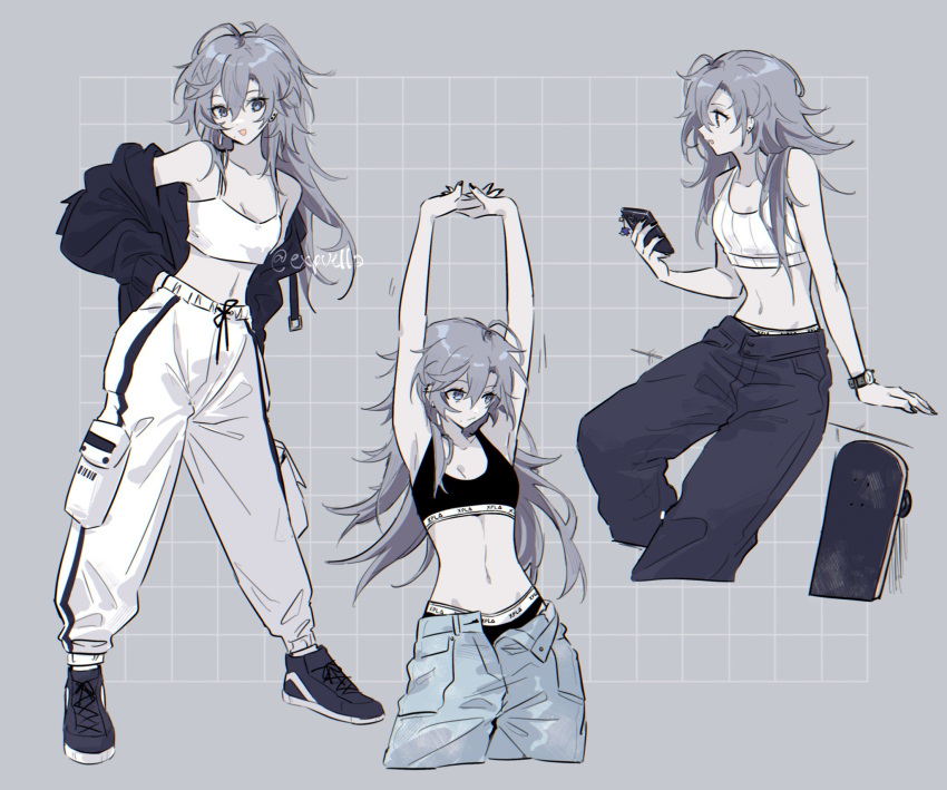 1girl :d armpits arms_up artist_name bare_shoulders black_footwear black_jacket breasts camisole cellphone character_request copyright_request crop_top full_body grey_background grey_eyes grey_hair highres holding holding_phone jacket long_hair looking_at_viewer mao_(expuella) messy_hair midriff multiple_views navel off_shoulder open_mouth pants phone shoes signature small_breasts smartphone smile spaghetti_strap sports_bra standing stomach very_long_hair watch white_pants wristwatch