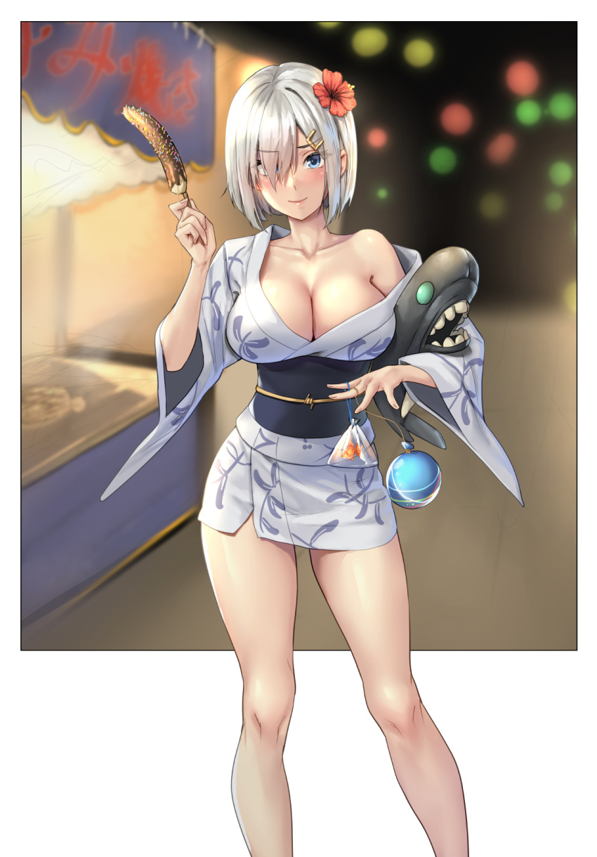 1girl animal blue_eyes breasts chocolate_banana cleavage closed_mouth collarbone feet_out_of_frame fish flower food goldfish grey_hair hair_flower hair_ornament hair_over_one_eye hairclip hamakaze_(kancolle) highres holding holding_food i-class_destroyer japanese_clothes kantai_collection kimono kokuzou large_breasts long_sleeves looking_at_viewer obi official_alternate_costume red_flower sash short_hair smile solo white_kimono wide_sleeves