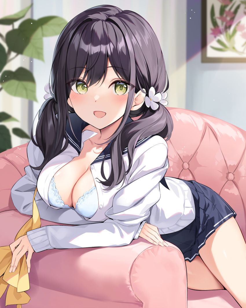 1girl :d black_hair blue_bra blue_skirt bra breasts check_copyright cleavage commentary_request copyright_request couch green_eyes hair_ornament highres indoors large_breasts long_sleeves looking_at_viewer medium_hair open_mouth original oryo_(oryo04) shirt skirt smile thighs underwear white_shirt