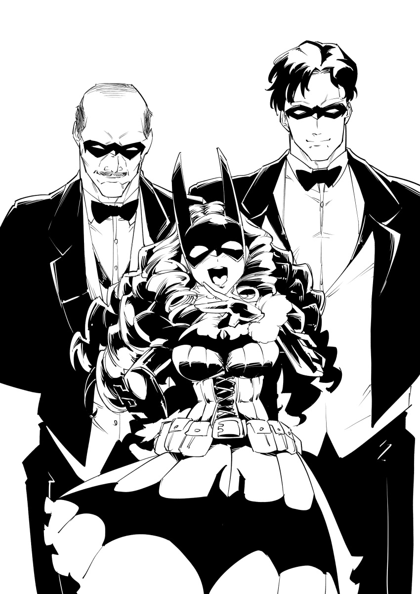 1girl 2boys :d absurdres alfred_pennyworth animal_print bald bat-ojousan bat_print batman_(series) belt blazer bow bowtie bracer breasts closed_mouth commentary dc_comics dick_grayson domino_mask dress dress_shirt facial_hair fingerless_gloves formal gloves greyscale hand_on_own_hip highres jacket lace-up_top large_breasts long_hair long_sleeves looking_at_viewer mask medium_dress monochrome multiple_boys mustache ojou-sama_pose open_mouth pants ringlets shinkuukan_(tetsuo3) shirt short_hair smile smirk standing tuxedo utility_belt vest wing_collar