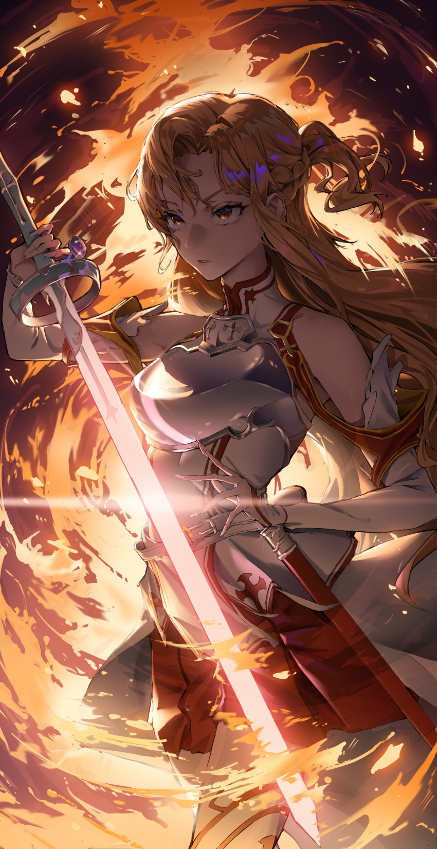 1girl absurdres armor asuna_(sao) braid breastplate breasts brown_eyes brown_hair detached_sleeves dress french_braid highres holding holding_sword holding_weapon jhigf knights_of_blood_uniform_(sao) long_hair medium_breasts pleated_skirt rapier red_skirt short_ponytail skirt sleeveless sleeveless_dress solo sword sword_art_online weapon white_armor white_dress white_sleeves