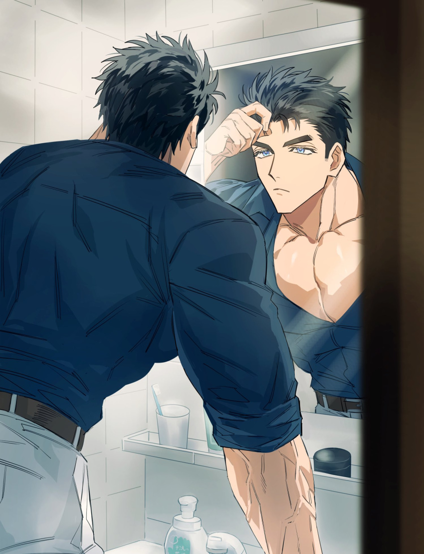 1boy adjusting_hair bara bathroom belt black_hair blue_eyes blue_shirt brown_belt bursting_pectorals closed_mouth cowboy_shot domo_(domo_kizusuki) highres indoors kokado_shido_(domo) large_pectorals looking_at_mirror looking_at_self male_focus mirror muscular muscular_male original pants pectoral_cleavage pectorals reflection shirt short_hair sideburns sink solo thick_eyebrows tight_clothes tight_shirt toothbrush v-neck veins white_pants