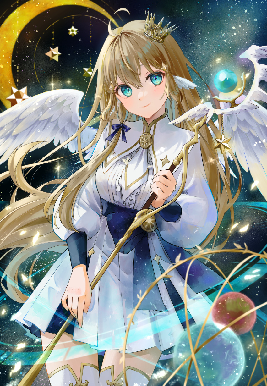1girl absurdres aqua_eyes aqua_gemstone blue_bow blue_ribbon bow brooch center_frills closed_mouth cowboy_shot dress english_commentary feathered_wings frills gold_trim hair_ribbon head_tilt highres holding holding_staff jewelry light_brown_hair long_hair long_sleeves looking_at_viewer mixed-language_commentary original puffy_sleeves ribbon sleeve_cuffs solo staff thighhighs white_dress white_thighhighs white_wings wings yuyuharu_1027