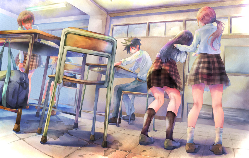 1boy 5girls bag black_hair black_socks brown_footwear brown_hair brown_skirt chair classroom commentary_request desk grey_footwear highres indoors kneehighs long_hair long_sleeves multiple_girls original pee peed_self plaid plaid_skirt ponytail puddle red_hair school_bag school_chair school_desk school_uniform shirt shoes skirt socks watakarashi white_shirt white_socks