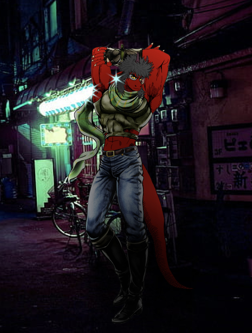 absurd_res alley boots bottomwear clothing cosplay denim denim_clothing dragon flave flave_(fursona) footwear gloves hair handwear hi_res horn jeans jojo's_bizarre_adventure joseph_joestar long_nails male manly markings pants red_body scarf solo spiky_hair tail wingless_dragon yellow_eyes
