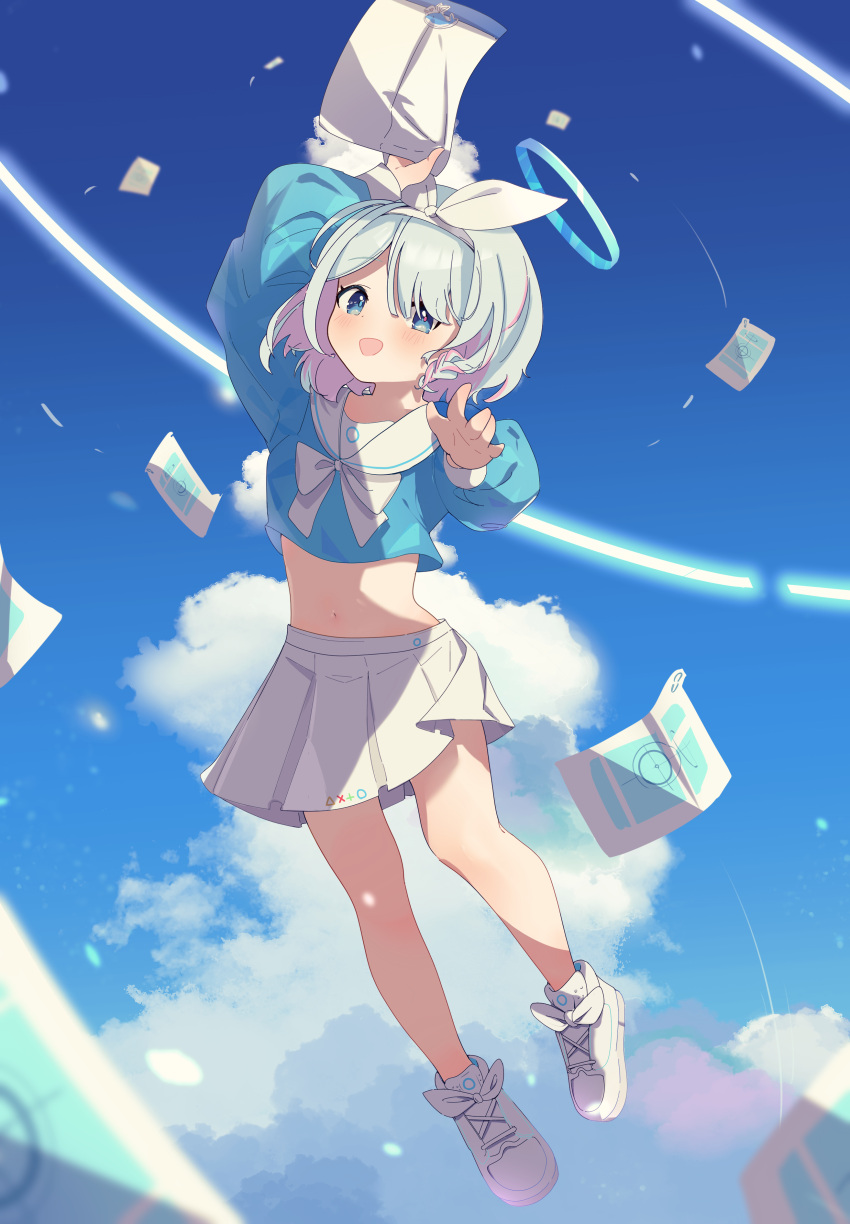 1girl :d absurdres arona_(blue_archive) blue_archive blue_hair blue_halo blue_shirt blue_sky blush bow bowtie cloud colored_inner_hair envelope floating full_body hair_bow hair_over_one_eye hairband halo hand_up highres long_sleeves medium_hair miniskirt multicolored_hair navel ooho0216 open_mouth papers pink_hair pleated_skirt sailor_collar school_uniform serafuku shirt shoes sidelocks skirt sky smile sneakers solo stomach white_bow white_bowtie white_footwear white_hairband white_sailor_collar white_skirt wind wind_lift