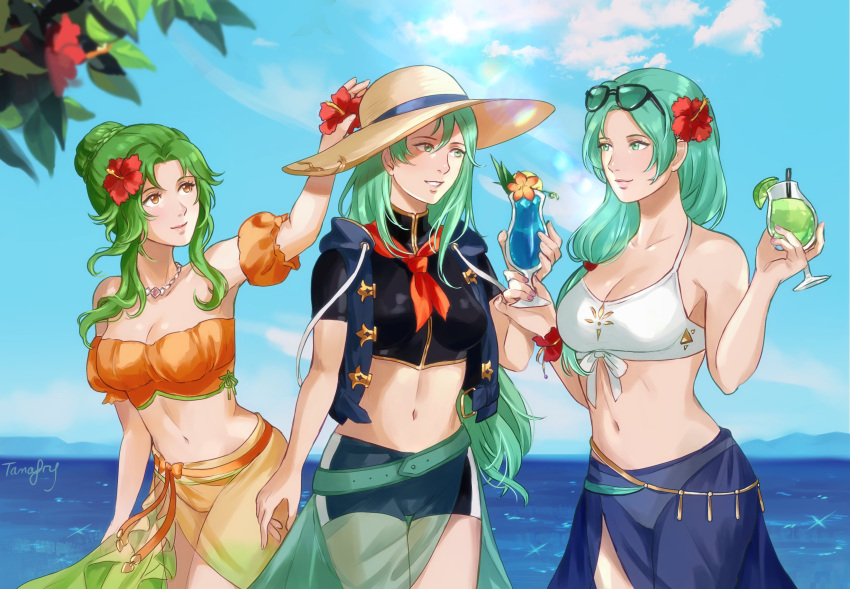 3girls absurdres artist_name belt bikini brown_eyes cup drink elincia_ridell_crimea elincia_ridell_crimea_(summer) fire_emblem fire_emblem:_radiant_dawn flower green_eyes green_hair hair_flower hair_ornament hat hibiscus highres holding holding_cup jacket midriff multiple_girls navel nephenee_(fire_emblem) ocean open_clothes open_jacket scarf sigrun_(fire_emblem) sun_hat sunglasses swimsuit tamafry