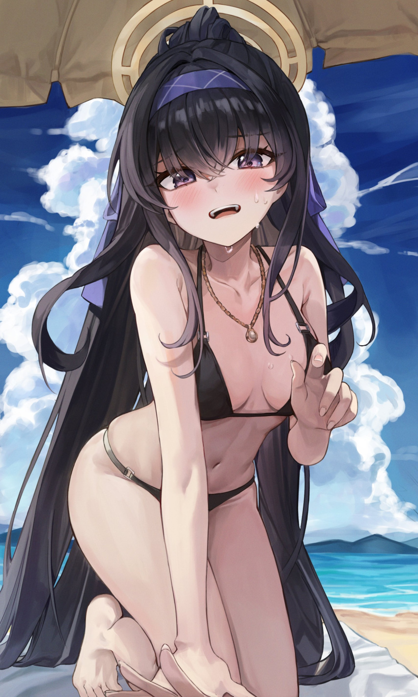 1girl absurdres ass bare_arms bare_legs bare_shoulders barefoot beach bikini black_bikini black_hair blue_archive blush breasts day hair_between_eyes hairband halo highres jewelry long_hair looking_at_viewer navel ocean official_alternate_costume open_mouth outdoors pendant ponytail purple_eyes purple_hairband rosu_1109 small_breasts solo swimsuit ui_(blue_archive) ui_(swimsuit)_(blue_archive) yellow_halo