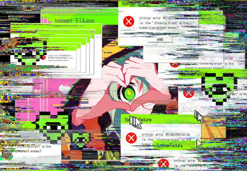 1girl black_headwear commentary_request cursor english_text engrish_text error_message fingernails frilled_sleeves frills glitch gohan_uran green_eyes green_hair grin hair_between_eyes hands_up hat heart_hands_over_eye highres komeiji_koishi long_sleeves looking_at_viewer medium_hair microsoft_windows one_eye_covered partial_commentary portrait ranguage smile solo teeth touhou wide_sleeves