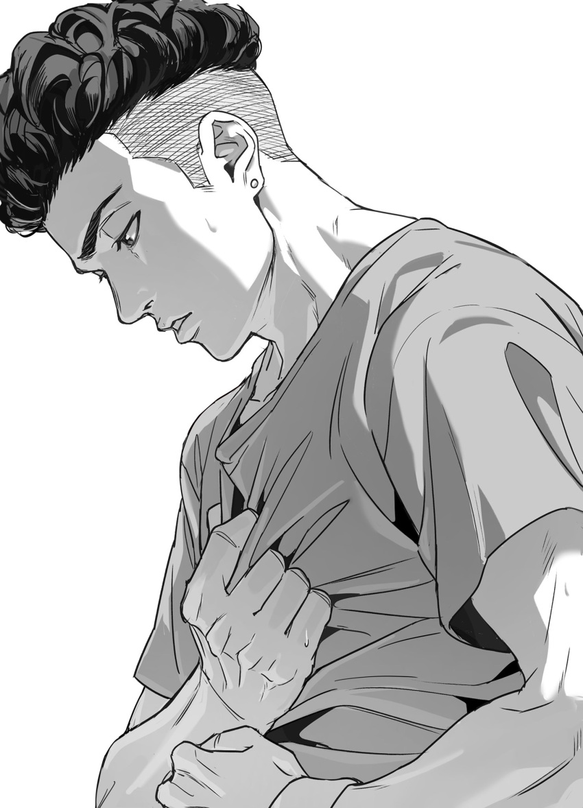 1boy bui_(buupopopopopo) ear_piercing greyscale hands_up highres male_focus miyagi_ryouta monochrome parted_lips piercing profile shirt short_hair short_sleeves simple_background slam_dunk_(series) solo sweatdrop undercut wristband