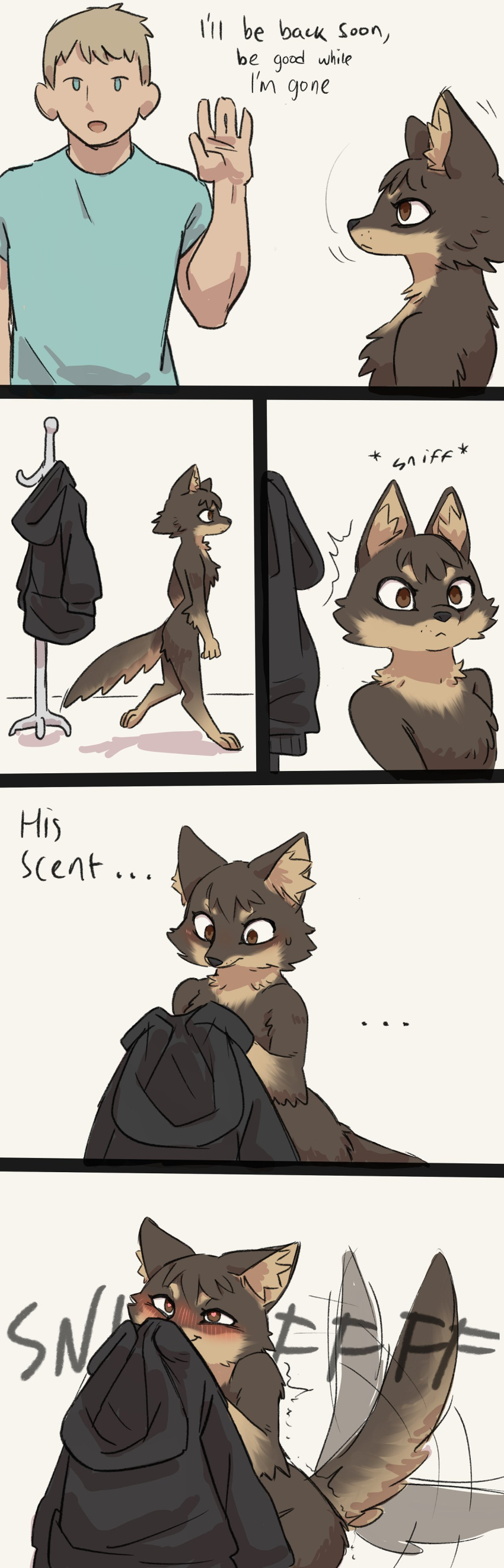 2022 absurd_res anthro brown_eyes canid canine clothing comic duo female hi_res jacket male mammal nude scent_marking shirt sniffing_shirt tail tail_motion tailwag tateoftot topwear