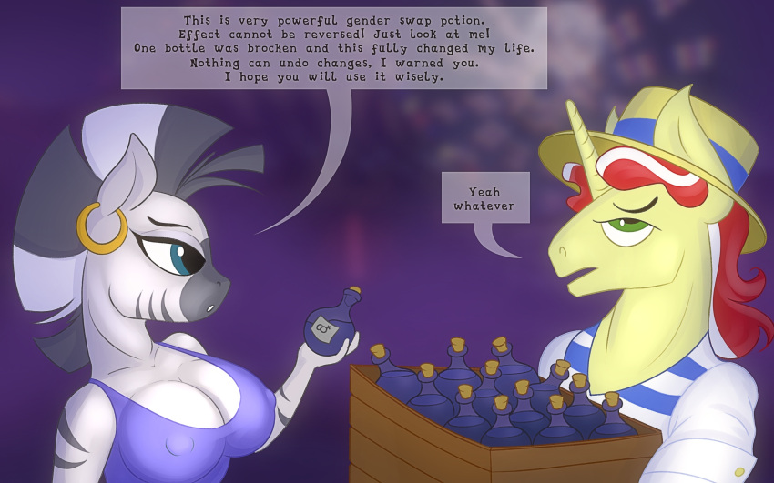 2021 anthro anthrofied big_breasts bottle breasts cleavage clothed clothing container dialogue eqamrd equid equine female flim_(mlp) friendship_is_magic hasbro hi_res holding_bottle holding_container holding_object horn male mammal my_little_pony nipple_outline unicorn zebra zecora_(mlp)
