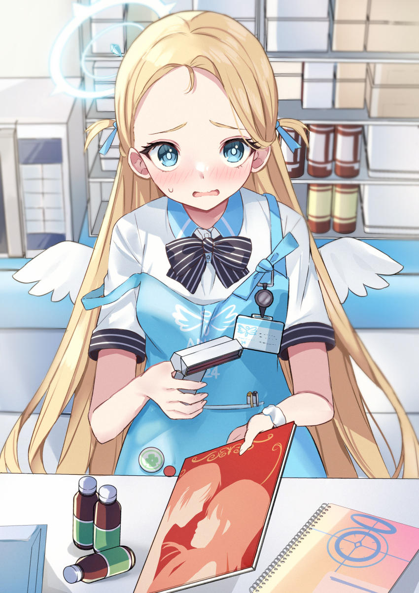 1girl apron barcode_scanner blonde_hair blue_apron blue_archive blue_eyes blush bow bowtie convenience_store forehead halo highres holding holding_magazine id_card looking_at_viewer magazine_(object) mi_taro333 mini_wings open_mouth part_time_job pornography shop solo sora_(blue_archive) store_clerk striped striped_bow striped_bowtie white_wings wings