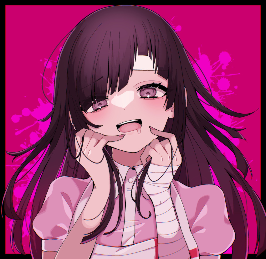 1girl :d absurdres apron bandaged_hand bandages black_border blood border collared_shirt danganronpa_(series) danganronpa_2:_goodbye_despair drooling hands_up highres long_hair looking_at_viewer mole mole_under_eye nail_polish open_mouth pink_background pink_blood pink_eyes pink_shirt portrait puffy_short_sleeves puffy_sleeves shirt short_sleeves smile solo takae_(poupee_en_biscuit) teeth tsumiki_mikan upper_teeth_only white_apron white_shirt