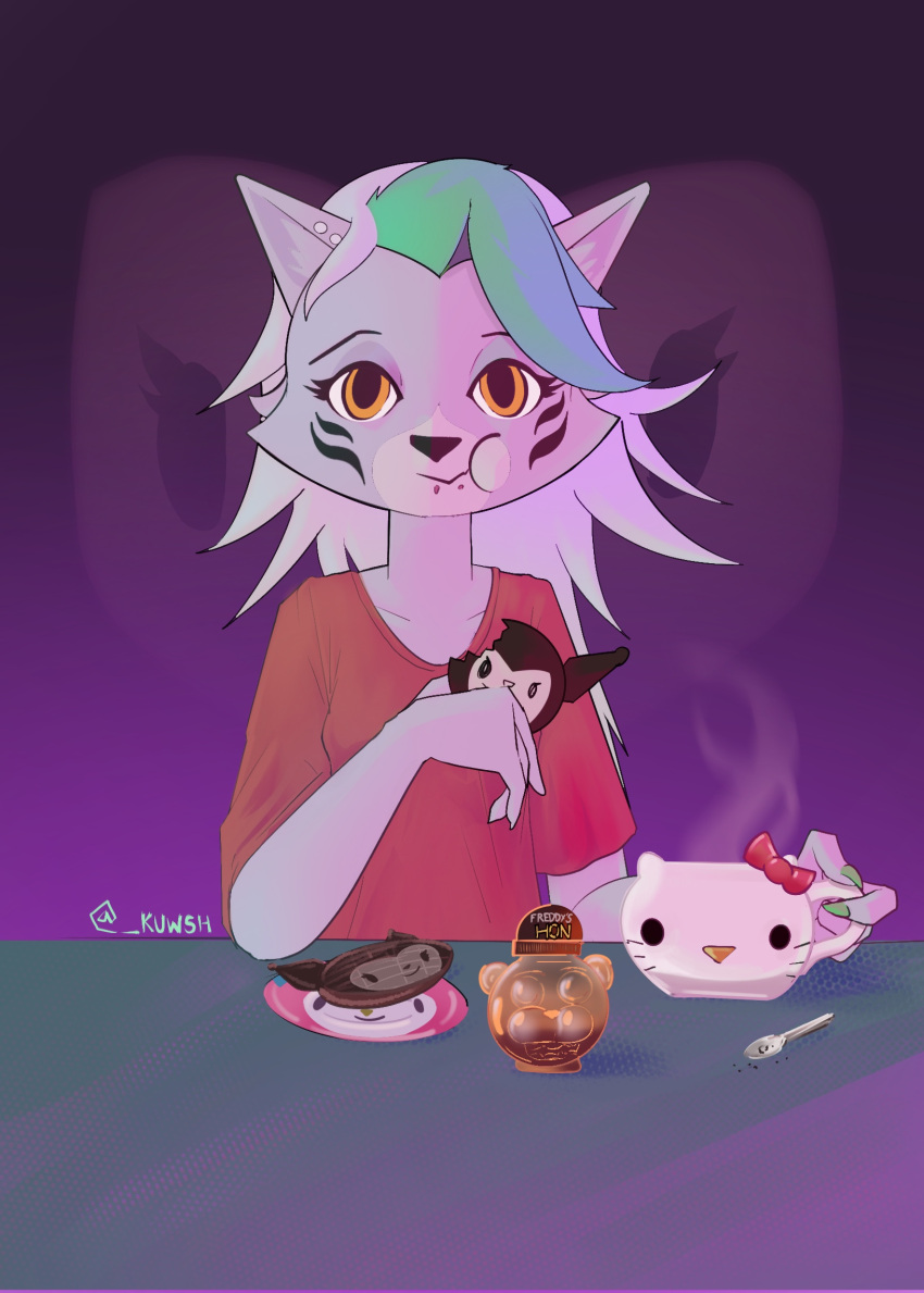 anthro breakfast canid canine canis coffee_mug female five_nights_at_freddy's five_nights_at_freddy's:_security_breach food green_hair grey_hair hair hello_kitty_(character) hello_kitty_(series) hi_res kuromi kuwsh makeup mammal my_melody onegai_my_melody roxanne_wolf_(fnaf) sanrio scottgames solo steel_wool_studios waffle wolf yellow_eyes