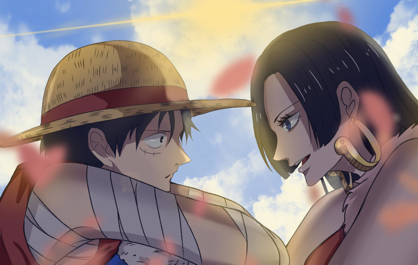 1boy 1girl artist_name bandaged_arm bandages black_eyes black_hair blue_eyes boa_hancock chinese_text cloud earrings from_side hat highres jewelry li-bai long_hair looking_at_another monkey_d._luffy one_piece open_mouth outdoors scar short_hair sky smile snake_earrings straw_hat