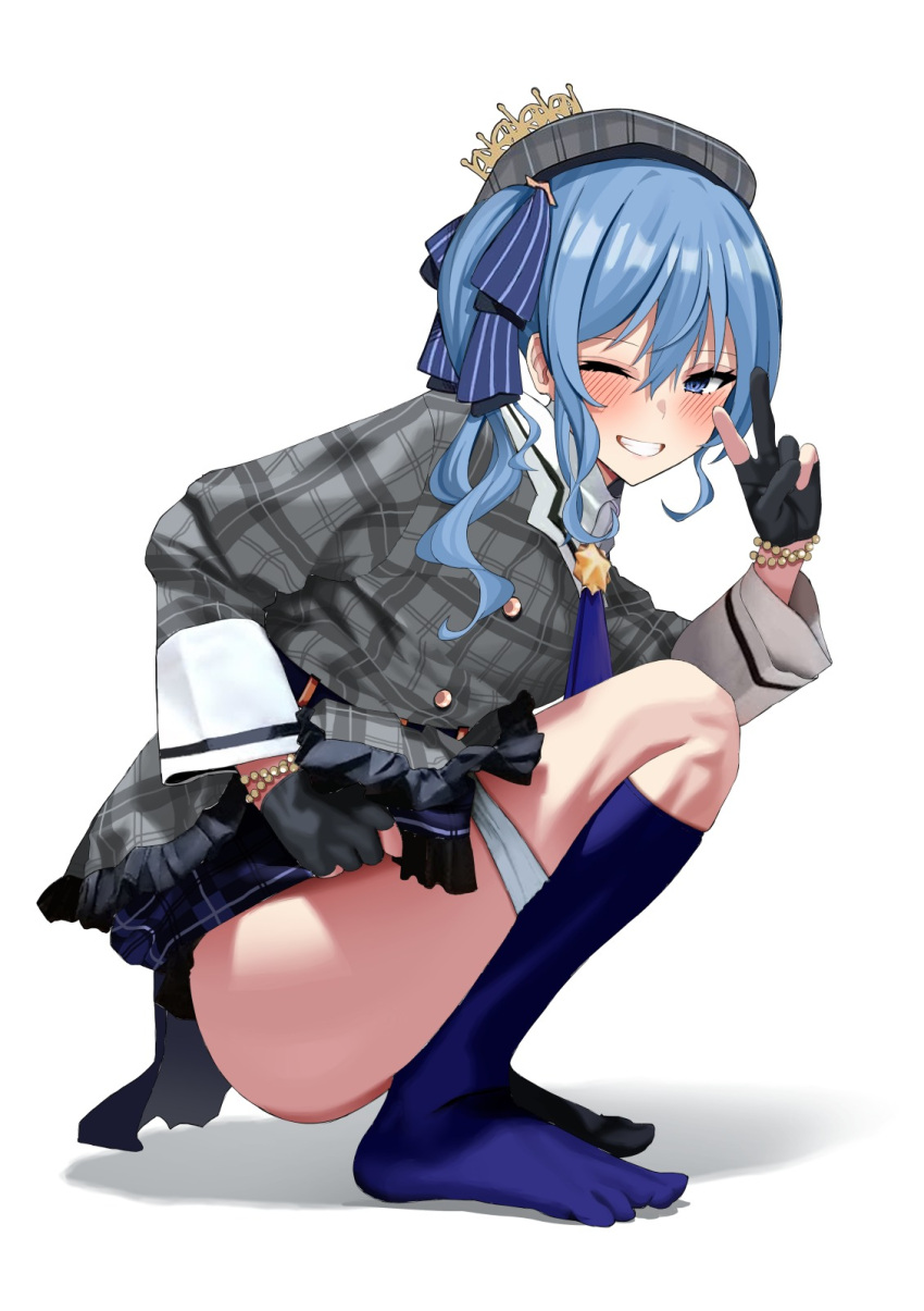 1girl ascot beret blue_ascot blue_eyes blue_hair blush bracelet dress gloves grin hat highres hololive hoshimachi_suisei jewelry kneehighs looking_at_viewer looking_to_the_side panties panty_pull partially_fingerless_gloves plaid plaid_dress ryoutarou side_ponytail simple_background smile socks solo squatting underwear v virtual_youtuber white_background
