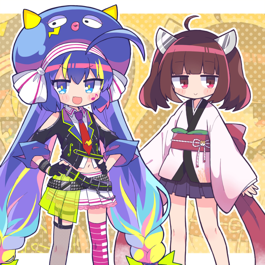 2girls \||/ ahoge arms_at_sides asymmetrical_legwear back_bow belt black_gloves black_jacket blonde_hair blue_eyes blue_hair blunt_bangs blush_stickers bow brown_hair clothing_cutout collared_shirt commentary_request eel_hat facial_mark fang feet_out_of_frame gloves half-skirt hands_on_own_hips headgear highres huge_ahoge jacket japanese_clothes jitome kimono legwear_garter letterboxed long_hair long_sleeves looking_at_viewer midriff multicolored_eyes multicolored_hair multiple_belts multiple_girls navel necktie obi obijime otomachi_una otomachi_una_(spicy) outline outside_border partially_fingerless_gloves piano_print pink_kimono pink_thighhighs pleated_skirt polka_dot polka_dot_background print_thighhighs purple_hair purple_skirt red_bow red_eyes red_necktie richard_(richaball) sash shirt short_kimono shoulder_cutout single_fishnet_legwear single_legwear_garter skin_fang skirt smile standing streaked_hair studded_belt studded_bracelet tachi-e thighhighs touhoku_kiritan twintails v-shaped_eyebrows very_long_hair vocaloid voiceroid white_outline white_shirt white_skirt wide_sleeves yellow_background yellow_pupils zoom_layer