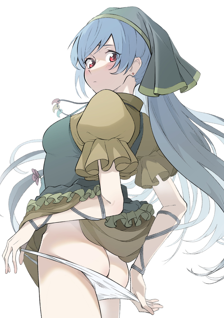1girl absurdres ass blue_hair closed_mouth commentary_request cowboy_shot earrings from_side green_headwear haniyasushin_keiki head_scarf highres jewelry long_hair looking_at_viewer panties panty_pull red_eyes short_sleeves shot_(shot0598) solo touhou underwear white_panties