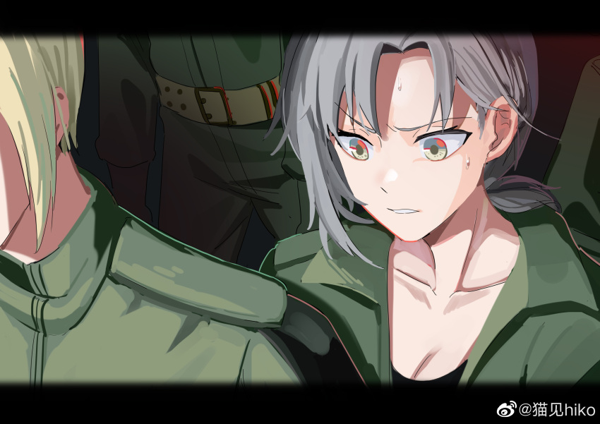 1girl 2others absurdres angelia_(girls'_frontline) breasts cleavage collarbone commentary_request girls'_frontline green_shirt grey_hair highres letterboxed mao_jian_hiko military_uniform multiple_others nervous ponytail shirt short_hair sweat uniform weibo_username yellow_eyes