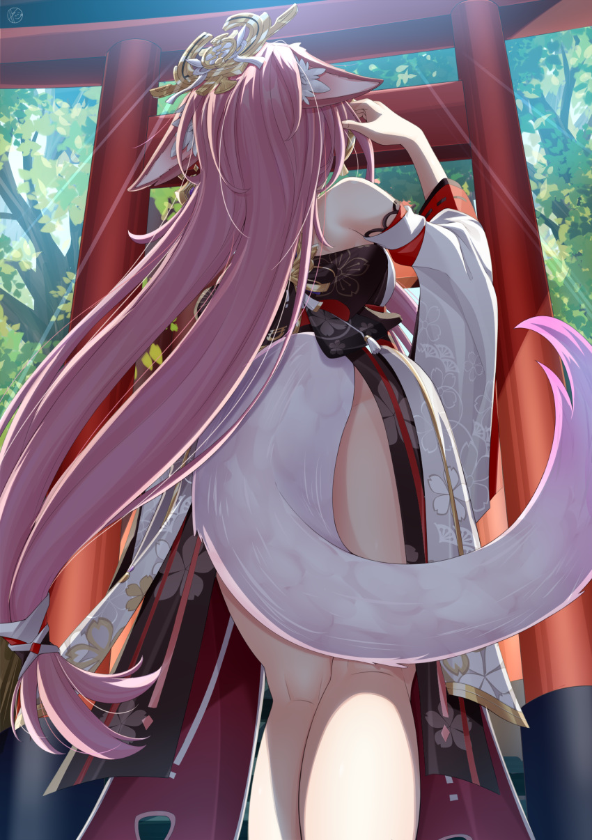 1girl animal_ear_fluff animal_ears ass back backlighting blurry commentary_request depth_of_field detached_sleeves fox_ears fox_girl fox_tail from_behind from_below genshin_impact hair_ornament helvetica_std highres kneepits long_hair long_sleeves nontraditional_miko outdoors pink_hair ribbon-trimmed_sleeves ribbon_trim sidelocks solo tail torii wide_sleeves yae_miko