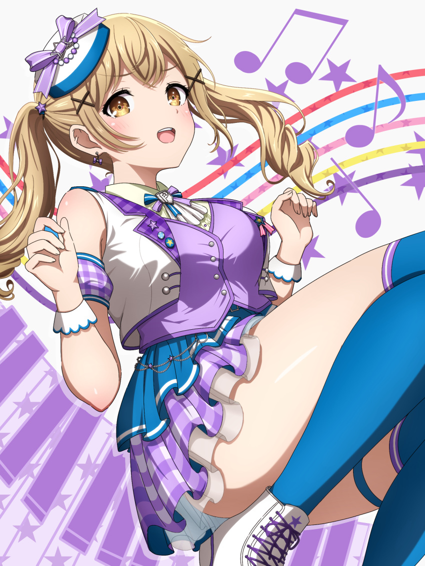 1girl :d ascot bang_dream! bare_shoulders beamed_eighth_notes blonde_hair blue_headwear blue_ribbon blue_skirt blue_thighhighs blush bow bow_earrings breasts buttons collared_shirt commentary convenient_leg cropped_jacket crossed_bangs earrings eighth_note feet_out_of_frame hair_ornament hands_up hat hat_bow high_tops highres ichigaya_arisa instrument jacket jewelry keyboard_(instrument) layered_skirt long_hair looking_at_viewer medium_breasts midair mini_hat miniskirt multicolored_clothes multicolored_skirt musical_note neck_ribbon noshimurin official_alternate_costume open_clothes open_jacket open_mouth plaid plaid_skirt purple_bow purple_ribbon purple_skirt purple_vest ribbon see-through shirt shoes skirt sleeveless sleeveless_jacket smile sneakers solo staff_(music) star_(symbol) star_hair_ornament starry_background teeth thigh_strap thighhighs tilted_headwear twintails two-tone_headwear upper_teeth_only vest white_ascot white_background white_footwear white_headwear white_jacket white_shirt wrist_cuffs x_hair_ornament yellow_eyes