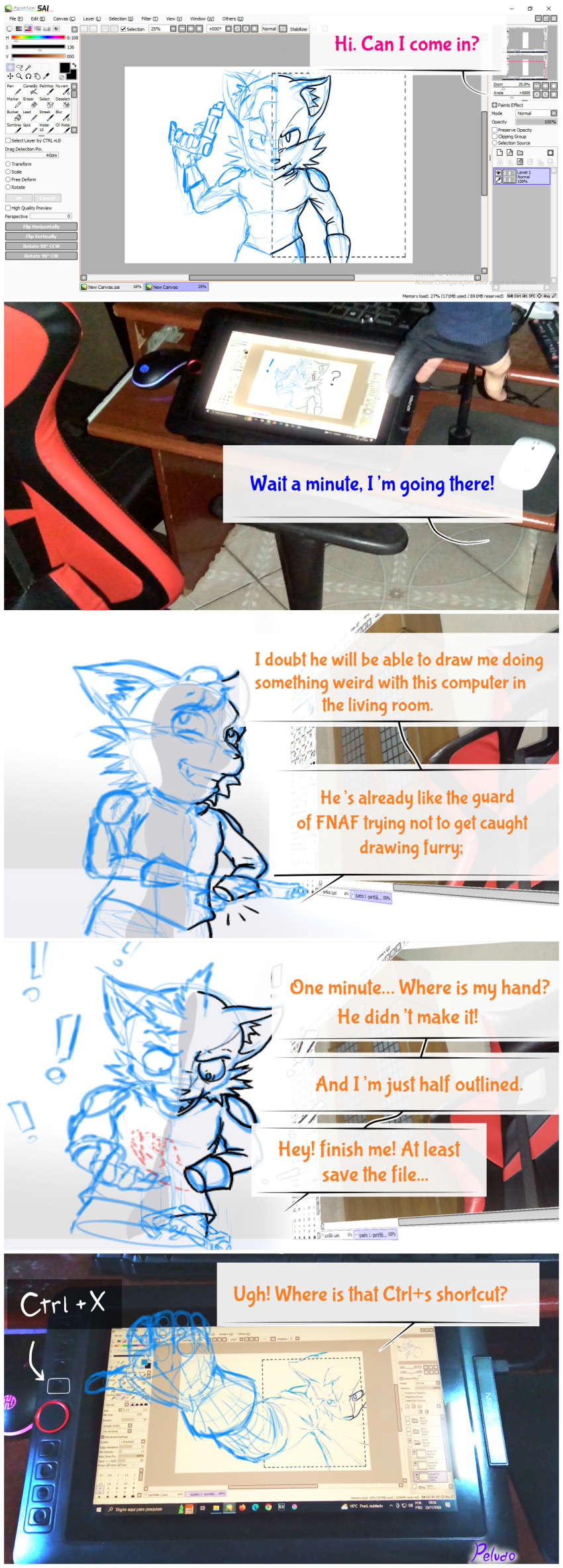 3d_(artwork) absurd_res anthro artist artist_problems breaking_the_fourth_wall clothed clothing comic computer_mouse dialogue dialogue_box digital_drawing_(artwork) digital_media_(artwork) disability duo eleno_lenkkit english_text exclamation_point fur furniture gaming_chair gloves gun hair handles handwear hi_res holding_object human hybrid light looking_at_viewer male mammal missing_hand open_mouth paint_tool_sai peludo photo_background photography_(artwork) ranged_weapon screaming screen simple_background sketchy solo surprise surprised_face surprised_look tablet teeth text tongue translucent translucent_body vobax_(species) weapon