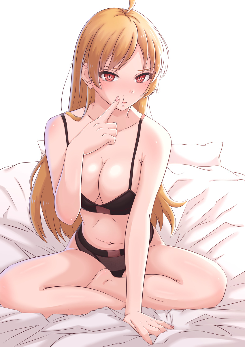 1girl absurdres ahoge amaicanele arm_support bare_legs bare_shoulders barefoot bed_sheet black_bra black_panties blonde_hair bocchi_the_rock! bra breasts cleavage collarbone finger_to_cheek highres ijichi_seika indian_style large_breasts long_hair looking_at_viewer navel panties pillow pout red_eyes sitting stomach straight_hair underwear underwear_only very_long_hair