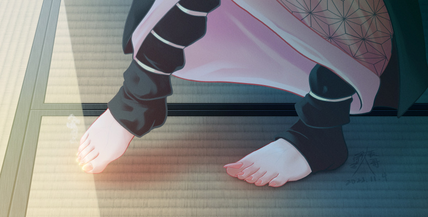 1girl absurdres feet foot_focus highres japanese_clothes kamado_nezuko kimetsu_no_yaiba kimono leg_warmers leoncool724 pink_kimono sharp_toenails solo toenails toes