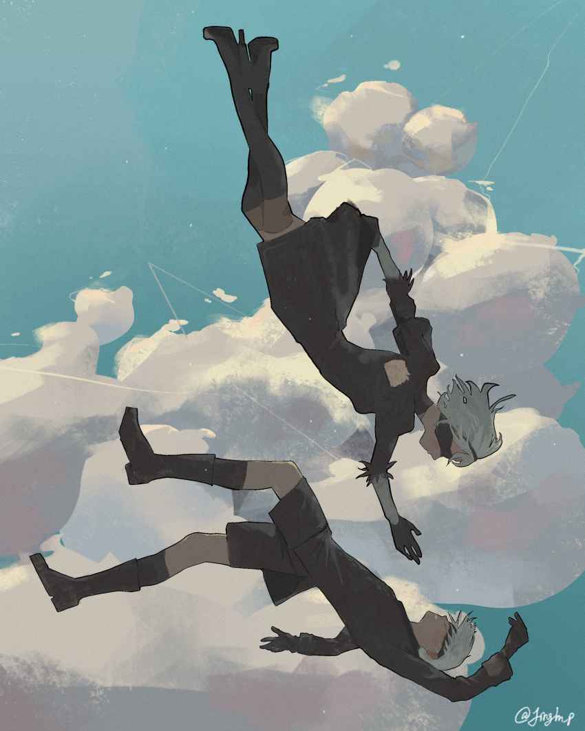 1boy 1girl absurdres bishounen black_blindfold black_coat black_dress black_gloves blindfold choker coat dress falling full_body gloves highres nier:automata nier_(series) outdoors short_hair shorts sky thighs user_ksrh7347 white_hair yorha_no._2_type_b yorha_no._9_type_s