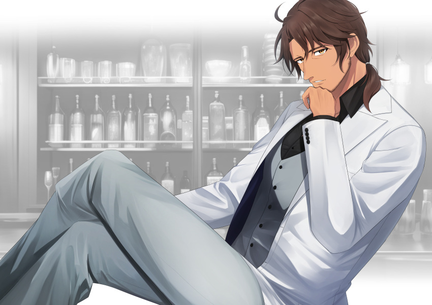 1boy absurdres belmond_banderas black_shirt bottle brown_eyes brown_hair choco_(chocovix112) collared_shirt crossed_legs cup dress_shirt drinking_glass feet_out_of_frame formal grey_pants grey_vest hair_between_eyes hair_over_shoulder highres jacket low_ponytail male_focus nijisanji open_clothes open_jacket pants parted_bangs ponytail shirt solo suit thick_eyebrows vest virtual_youtuber white_jacket