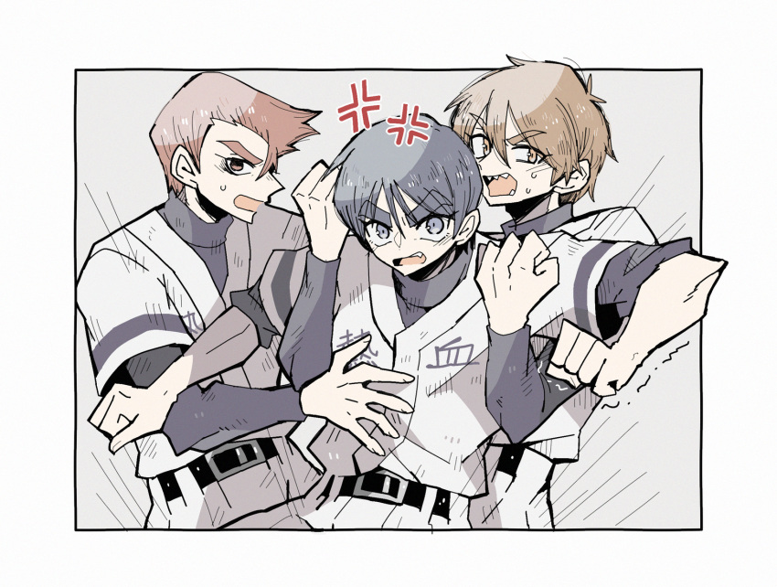 3boys anger_vein baseball_uniform blue_eyes blue_sky brown_eyes brown_hair kunio-kun kunio-kun_series long_sleeves looking_at_viewer multiple_boys nanase_(kunio-kun) sky sportswear sugata_(kunio-kun) user_dsjg7883