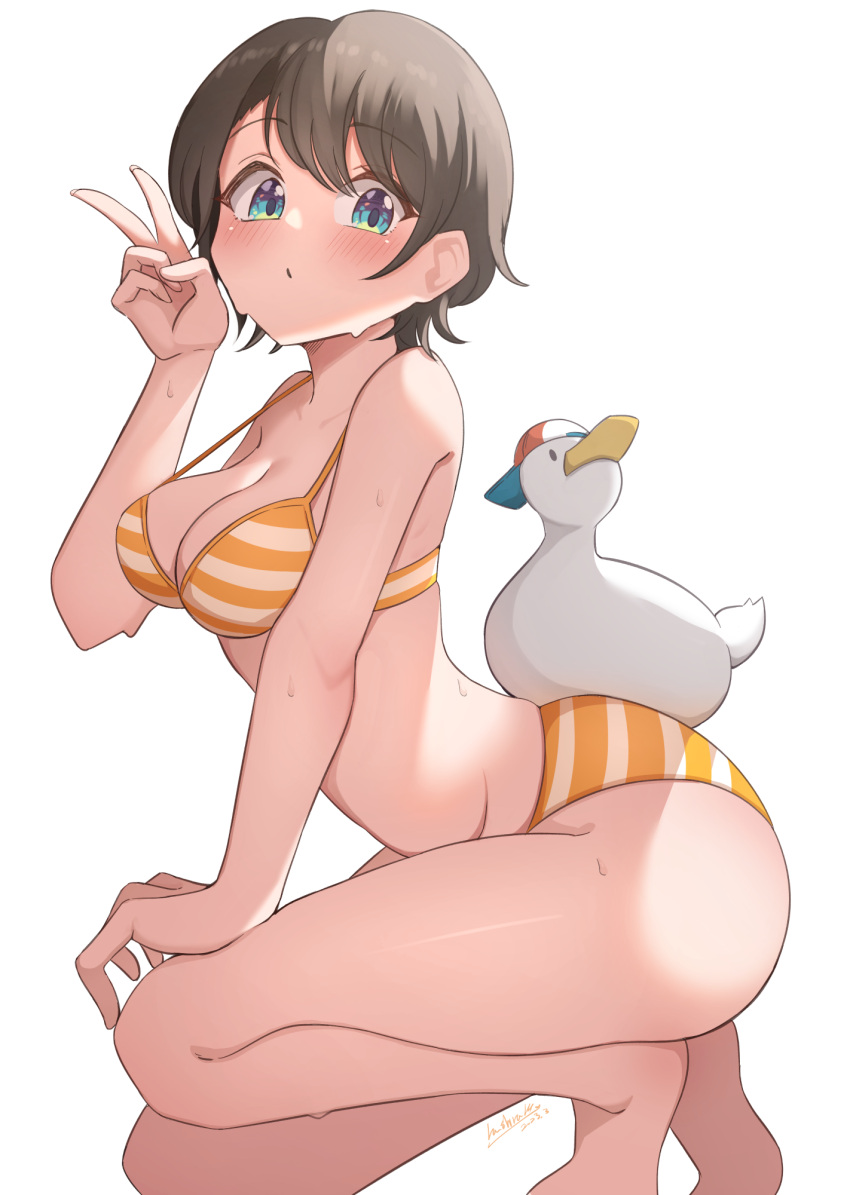 1girl artist_name bikini blue_eyes blush breasts brown_hair dated hashira_14 highres hololive long_hair medium_breasts oozora_subaru orange_bikini short_hair simple_background solo squatting striped striped_bikini subaru_duck sweat swimsuit v virtual_youtuber white_background