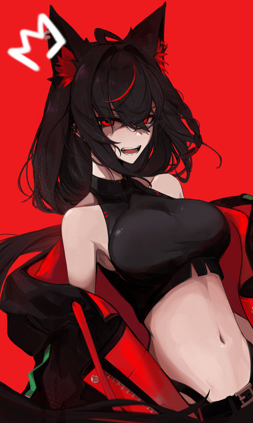 1girl :d absurdres animal_ears bare_shoulders belt black_hair fox_ears highres hololive jacket kurokami_fubuki long_hair looking_at_viewer midriff navel off_shoulder open_mouth red_background red_eyes red_hair simple_background smile solo teeth tsumeki virtual_youtuber