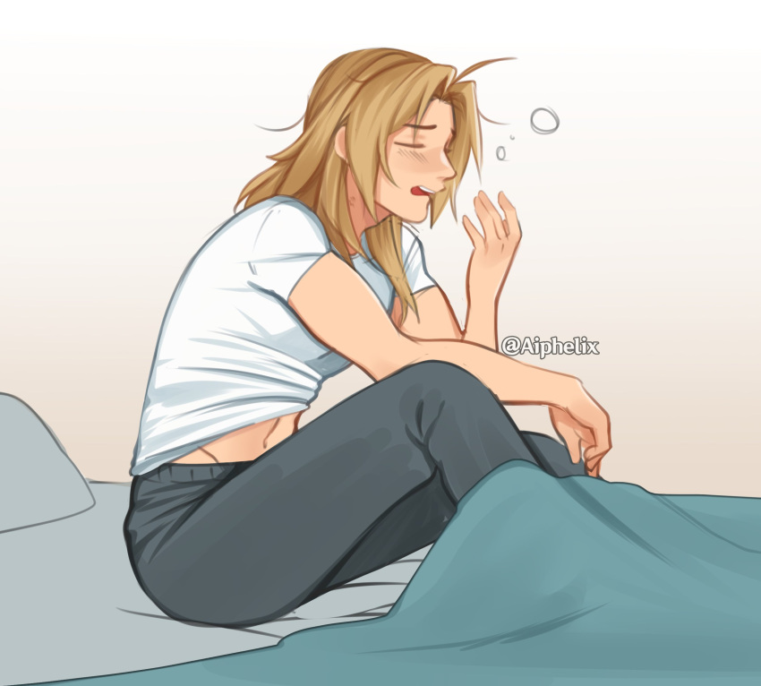 1boy accidental_exposure ahoge aiphelix androgynous bed_sheet bedroom blonde_hair blush closed_eyes clothes_lift commentary edward_elric english_commentary fullmetal_alchemist grey_pants highres long_hair male_focus navel on_bed open_mouth pants pillow shirt shirt_lift sitting sleepy t-shirt under_covers waking_up white_shirt yawning