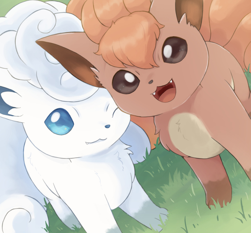 :d ;3 alolan_vulpix animal_focus brown_eyes closed_mouth commentary_request day fang fang_out fangs grass highres no_humans one_eye_closed open_mouth outdoors pokemon pokemon_(creature) rumine_(yoshi1234567) smile standing tongue vulpix