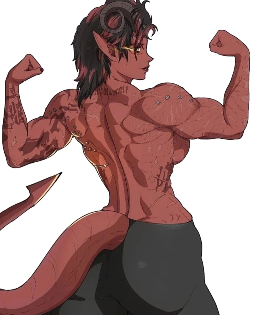 2023 back_boob baldur's_gate baldur's_gate_3 big_butt black_hair bottomwear breasts butt clothed clothing demon female flexing hair hi_res highlights_(coloring) horn horned_humanoid humanoid humanoid_pointy_ears karlach looking_at_viewer looking_back looking_back_at_viewer muscular not_furry pants red_body red_highlights red_skin short_hair solo tattoo tiefling topless yoracrab