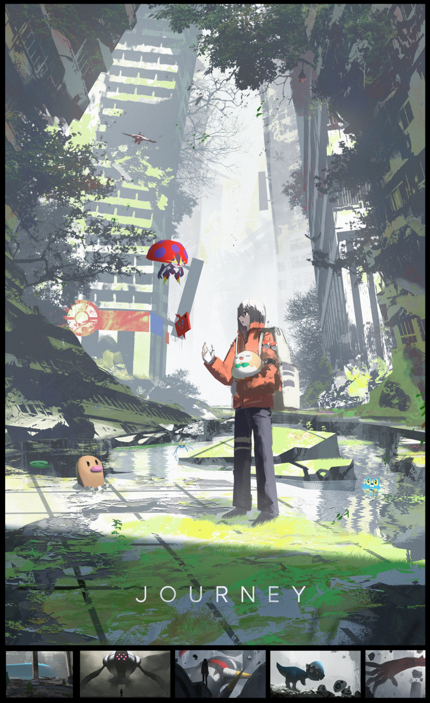 1girl absurdres asteroid_ill backpack bag black_pants brown_hair character_request cityscape collared_jacket diglett english_text fog full_body hair_between_eyes highres holding jacket long_hair long_sleeves looking_at_another moss orange_jacket orbeetle overgrown pants plant pokemon post-apocalypse river ruins scenery solo standing tree vines