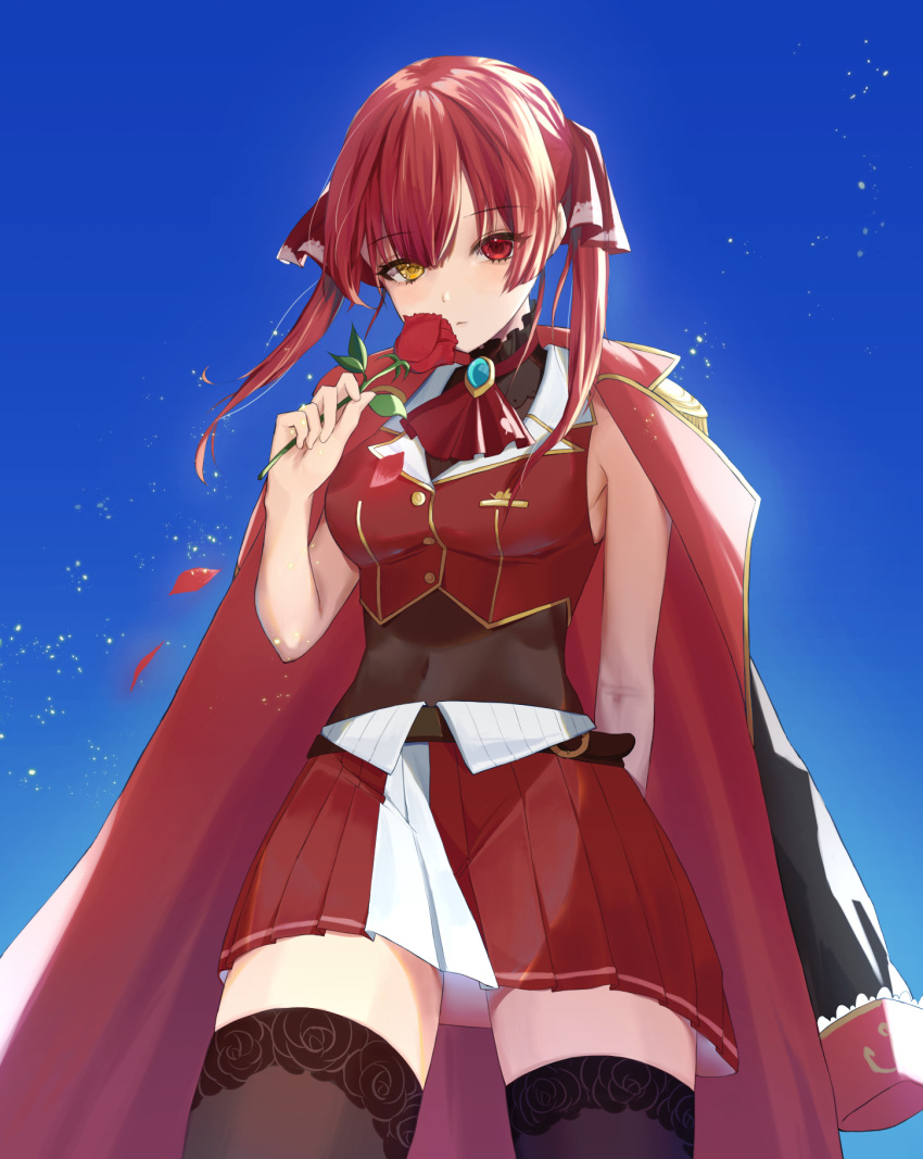 1girl armpit_crease ascot black_thighhighs blue_sky breasts closed_mouth coat coat_on_shoulders covered_navel cropped_jacket flower from_below hair_ornament hair_ribbon heterochromia highres holding holding_flower hololive houshou_marine houshou_marine_(1st_costume) leotard leotard_under_clothes long_hair looking_at_viewer medium_breasts pleated_skirt punipunimeron1 red_eyes red_flower red_hair red_rose ribbon rose see-through see-through_leotard skirt sky sleeveless sleeveless_jacket solo thighhighs twintails virtual_youtuber yellow_eyes zettai_ryouiki