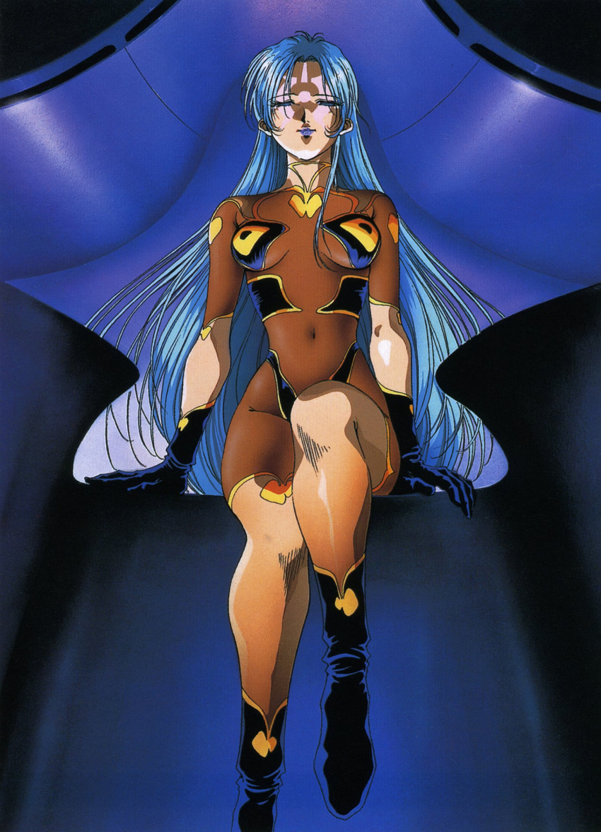 1980s_(style) 1girl black_footwear black_gloves blue_eyes blue_hair blue_lips bodysuit boots covered_navel facing_viewer gloves half-closed_eyes highres ishtar_(macross) lipstick long_hair looking_at_viewer macross macross_2 makeup mardook non-web_source official_art retro_artstyle scan sitting solo